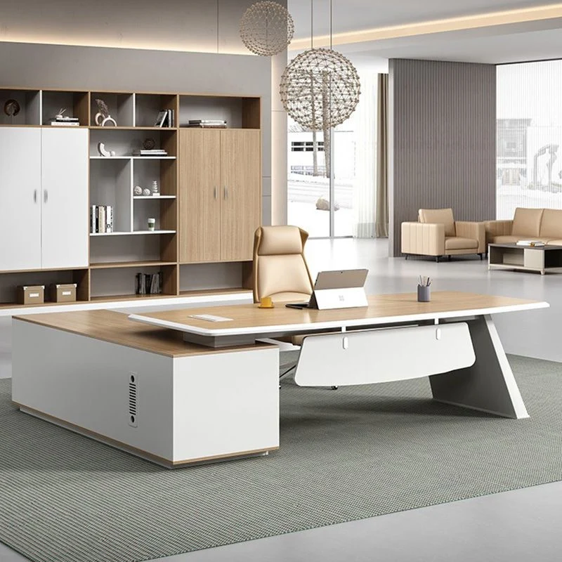 Bureau de direction moderne en bois artificiel, blanc et naturel, tiroir verrouillable Clearhalo