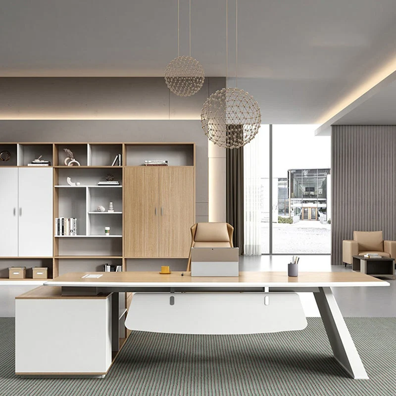 Bureau de direction moderne en bois artificiel, blanc et naturel, tiroir verrouillable Clearhalo