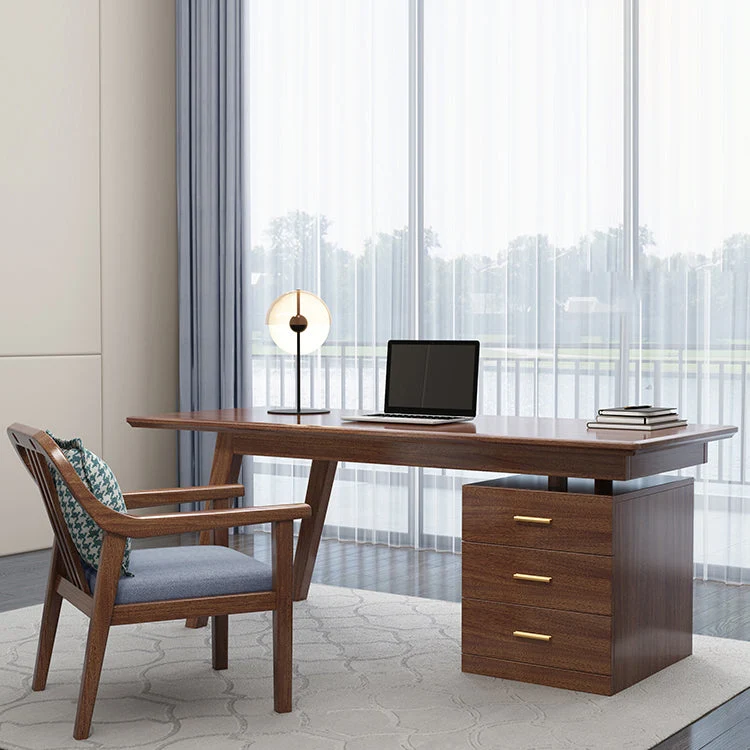 Bureau à domicile avec socle en noyer, bureau d'écriture marron avec 3 tiroirs Clearhalo