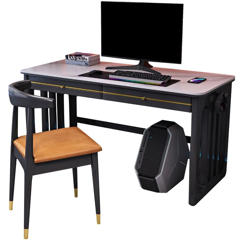 Bureau d'ordinateur en ardoise de forme rectangulaire, bureau d'écriture gris/noir/marron pour la maison Clearhalo