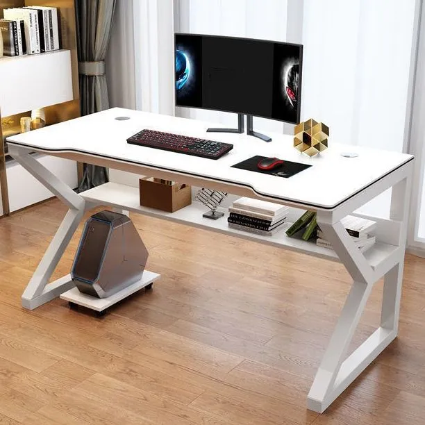 Bureau d'ordinateur à base d'acier à tréteaux de bureau de forme libre en bois manufacturé Clearhalo