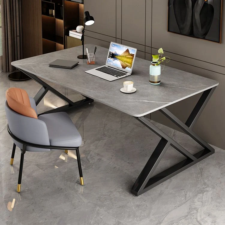 Bureau d'ordinateur blanc et gris Bureau rectangulaire en pierre et métal Clearhalo