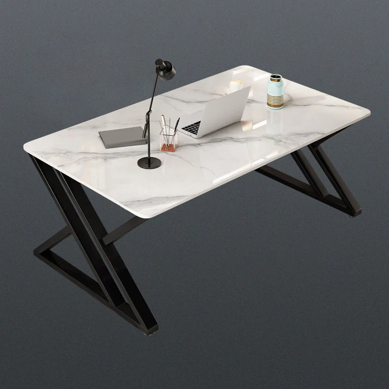 Bureau d'ordinateur blanc et gris Bureau rectangulaire en pierre et métal Clearhalo