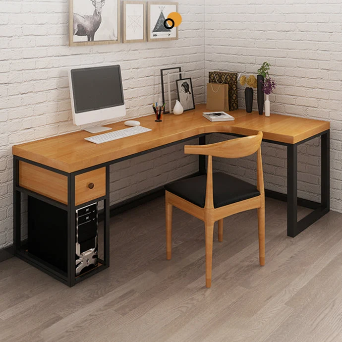 Bureau d'ordinateur en bois massif, bureau en forme de L de style industriel avec rangement et tiroir Clearhalo