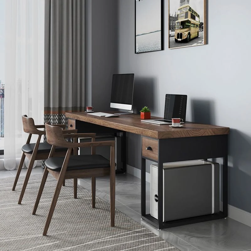 Bureau d'ordinateur en bois massif, bureau rectangulaire avec pied en fer noir pour le bureau Clearhalo