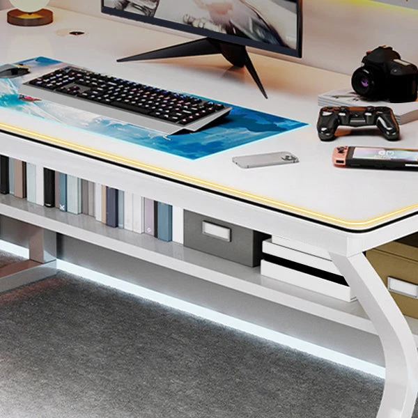 Bureau d'ordinateur en bois moderne, gestion des câbles, bureau rectangulaire avec étagère Clearhalo