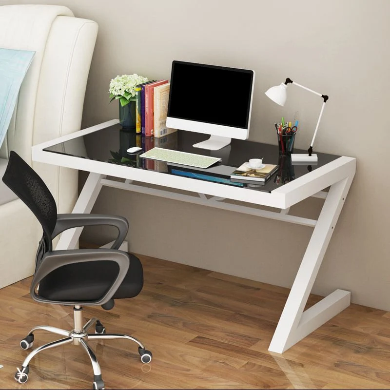 Bureau d'ordinateur contemporain avec dessus en verre et finition antique Clearhalo