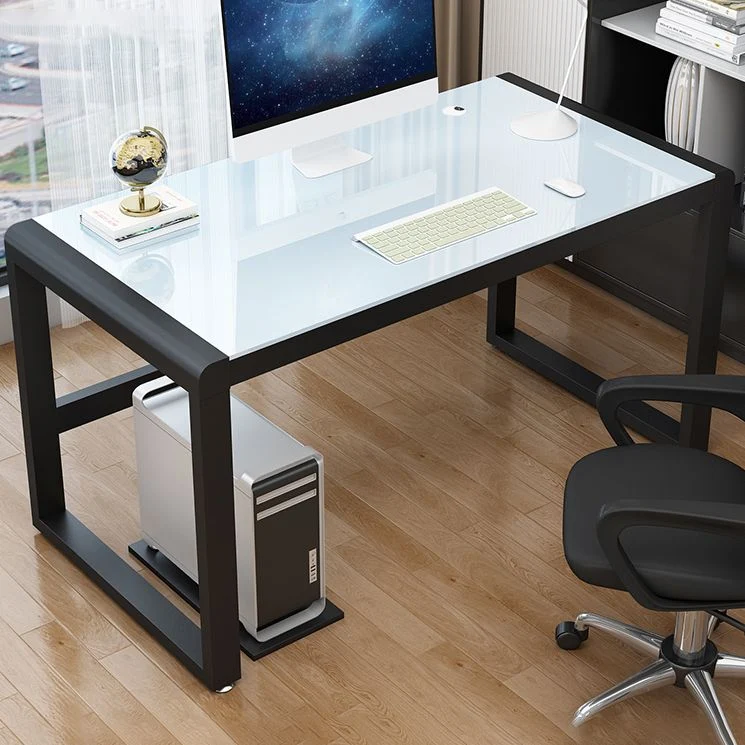 Bureau d'ordinateur contemporain avec plateau en verre, finition antique, pieds en métal Clearhalo