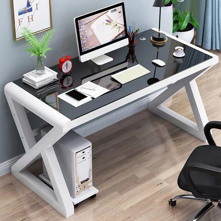 Bureau d'ordinateur contemporain avec plateau en verre rectangulaire Clearhalo
