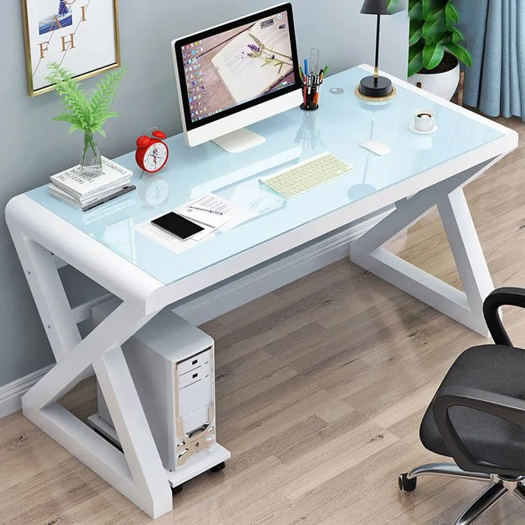 Bureau d'ordinateur contemporain avec plateau en verre rectangulaire Clearhalo