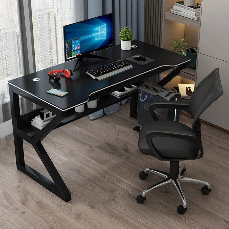 Bureau d'ordinateur contemporain de forme libre, base à chevalet, bureau en bois manufacturé Clearhalo