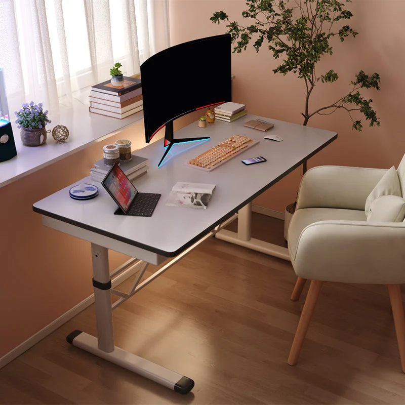 Bureau d'ordinateur domestique à hauteur réglable, bureau d'écriture blanc moderne Clearhalo