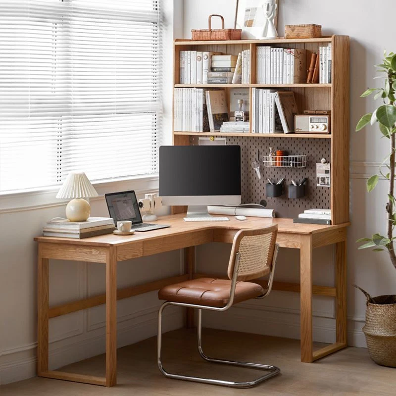 Bureau d'ordinateur en forme de L en chêne avec tiroir et gestion des câbles Clearhalo