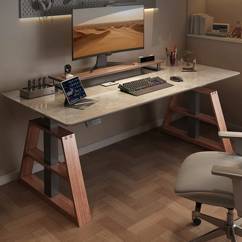 Bureau d'ordinateur de forme rectangulaire moderne, bureau de travail en bois avec 2 pieds pour la maison Clearhalo