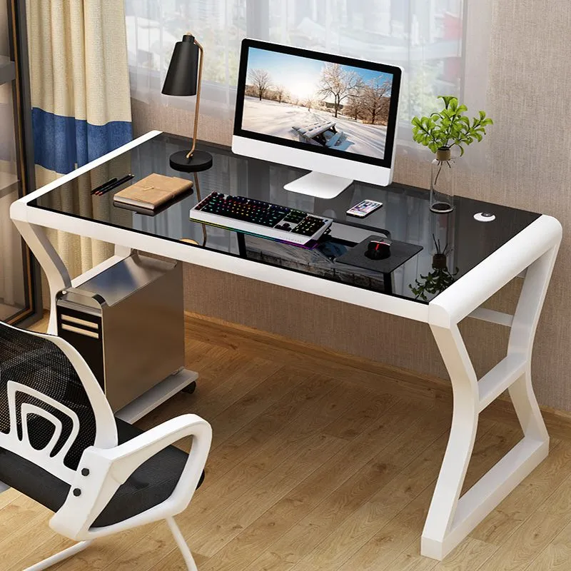 Bureau d'ordinateur de forme rectangulaire en verre trempé avec 2 pieds pour la maison Clearhalo