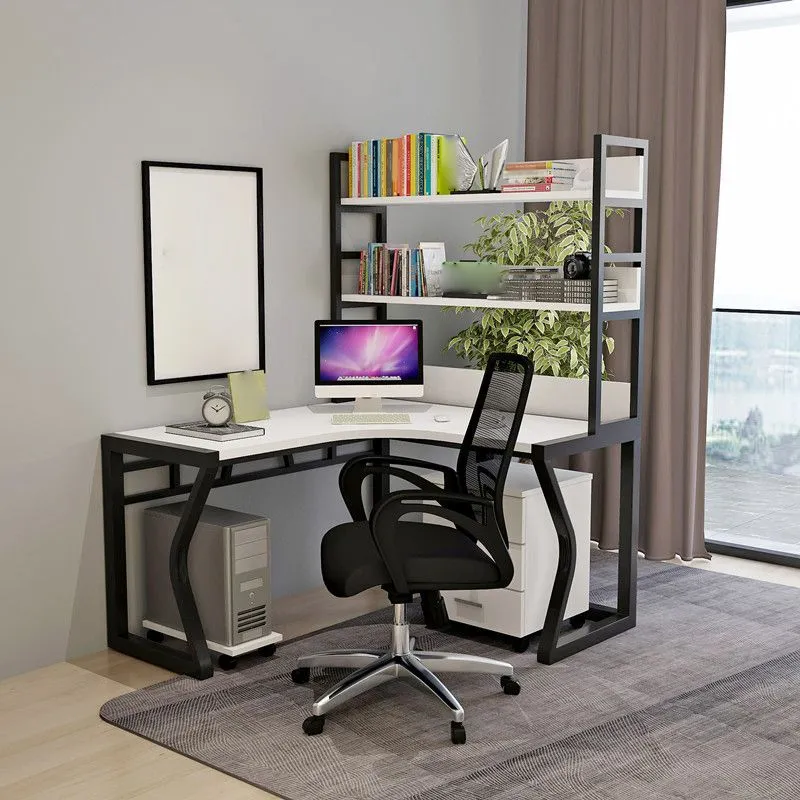 Bureau d'ordinateur industriel en bois en forme de L avec bibliothèque Clearhalo
