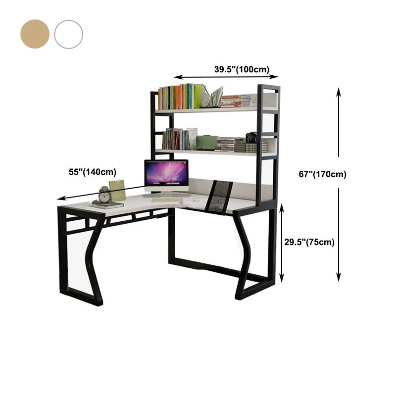Bureau d'ordinateur industriel en bois en forme de L avec bibliothèque Clearhalo