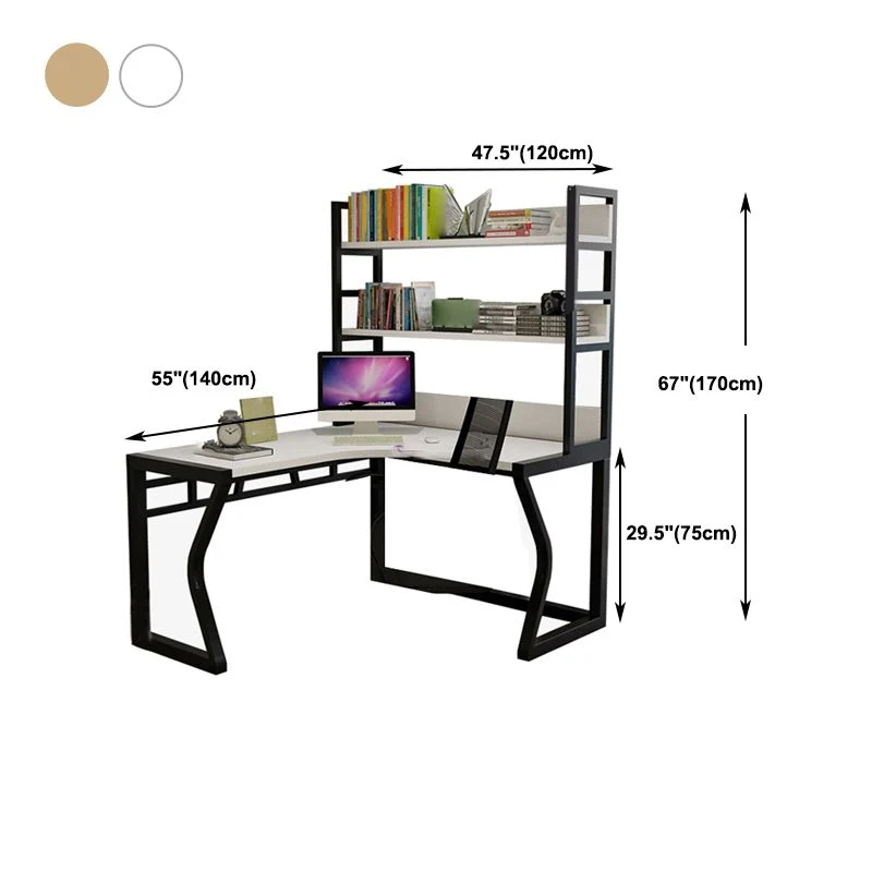 Bureau d'ordinateur industriel en bois en forme de L avec bibliothèque Clearhalo