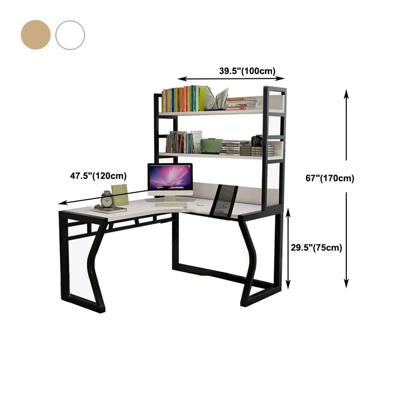 Bureau d'ordinateur industriel en bois en forme de L avec bibliothèque Clearhalo
