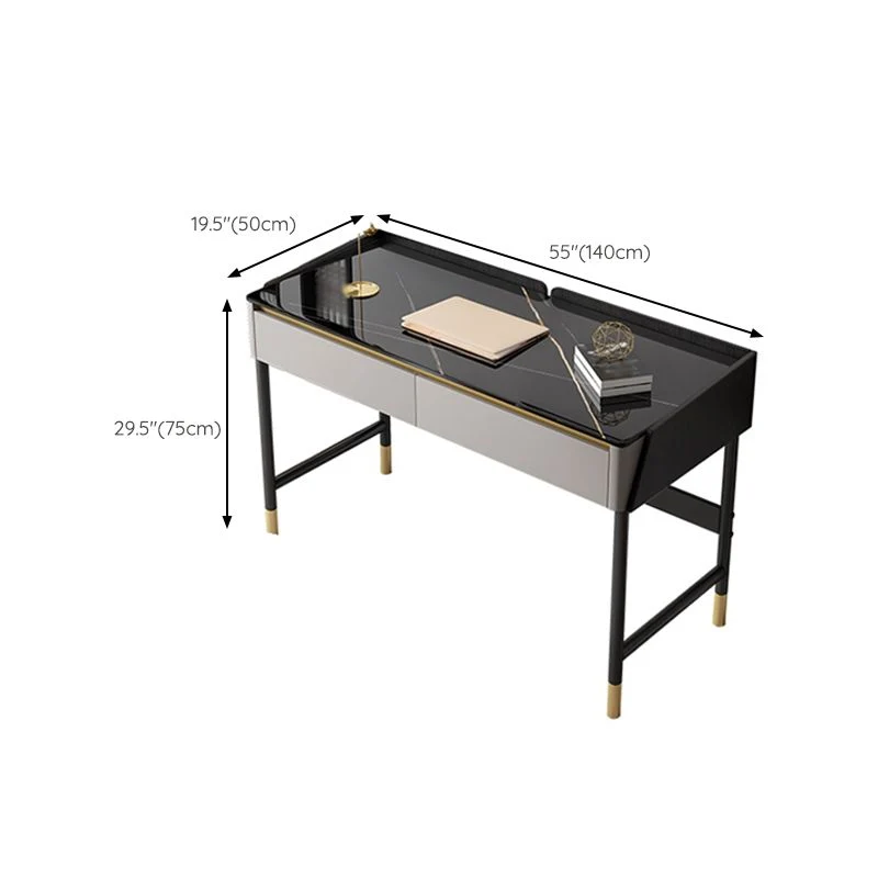 Bureau d'ordinateur industriel rectangulaire au fini antique avec 2 tiroirs de rangement Clearhalo