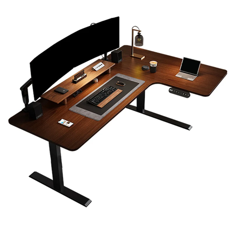 Bureau d'ordinateur marron à hauteur réglable, bureau d'écriture en forme de L pour la maison Clearhalo