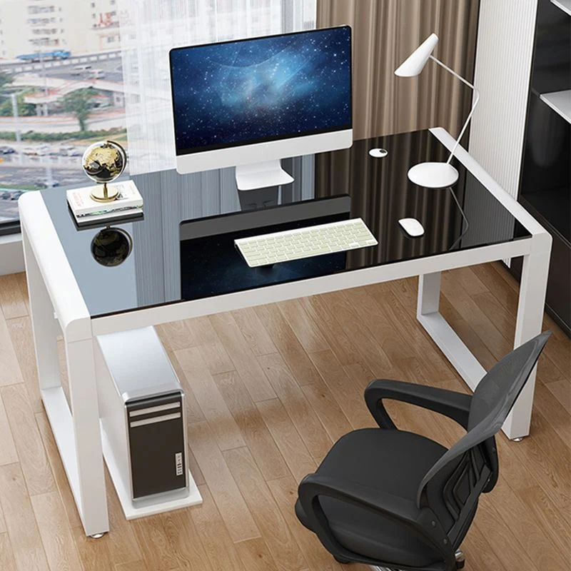 Bureau d'ordinateur moderne avec plateau en verre, finition antique, pieds en métal Clearhalo