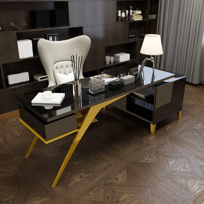 Bureau d'ordinateur moderne rectangulaire avec plateau en verre pour la maison Clearhalo