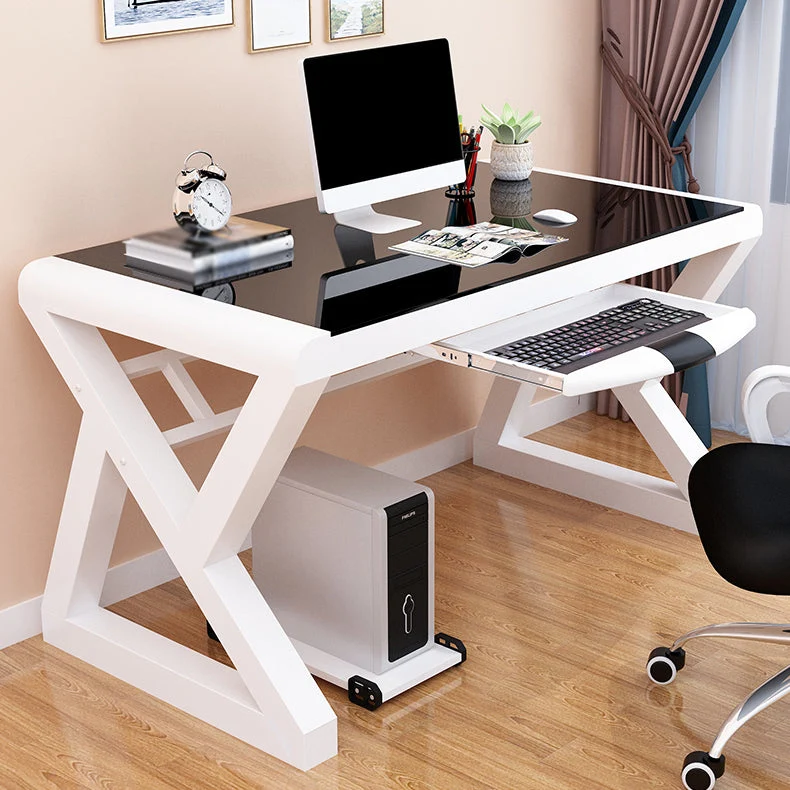 Bureau d'ordinateur moderne en verre trempé, bureau rectangulaire avec plateau pour clavier Clearhalo