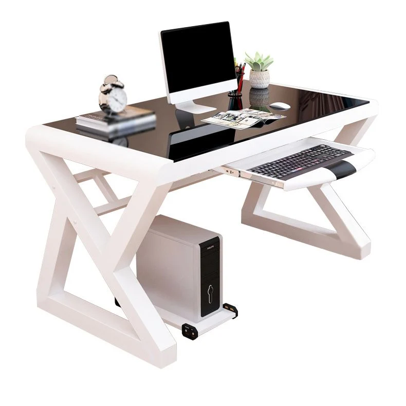 Bureau d'ordinateur moderne en verre trempé, bureau rectangulaire avec plateau pour clavier Clearhalo