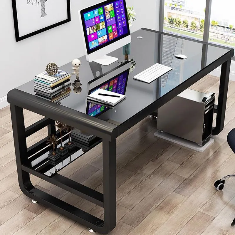 Bureau d'ordinateur rectangulaire avec plateau en verre, finition antique, pieds en métal Clearhalo