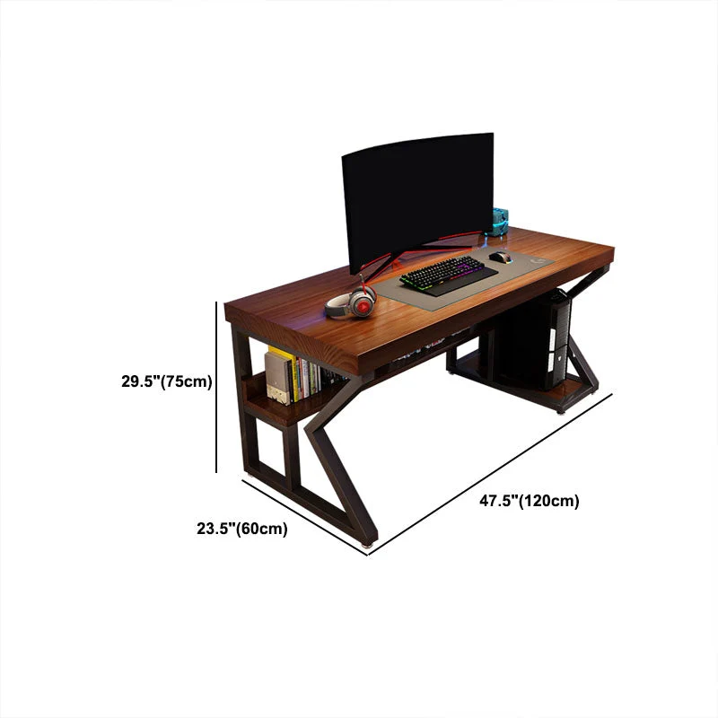 Bureau d'ordinateur rectangulaire en bois massif, bureau marron avec étagère pour la maison et le bureau Clearhalo