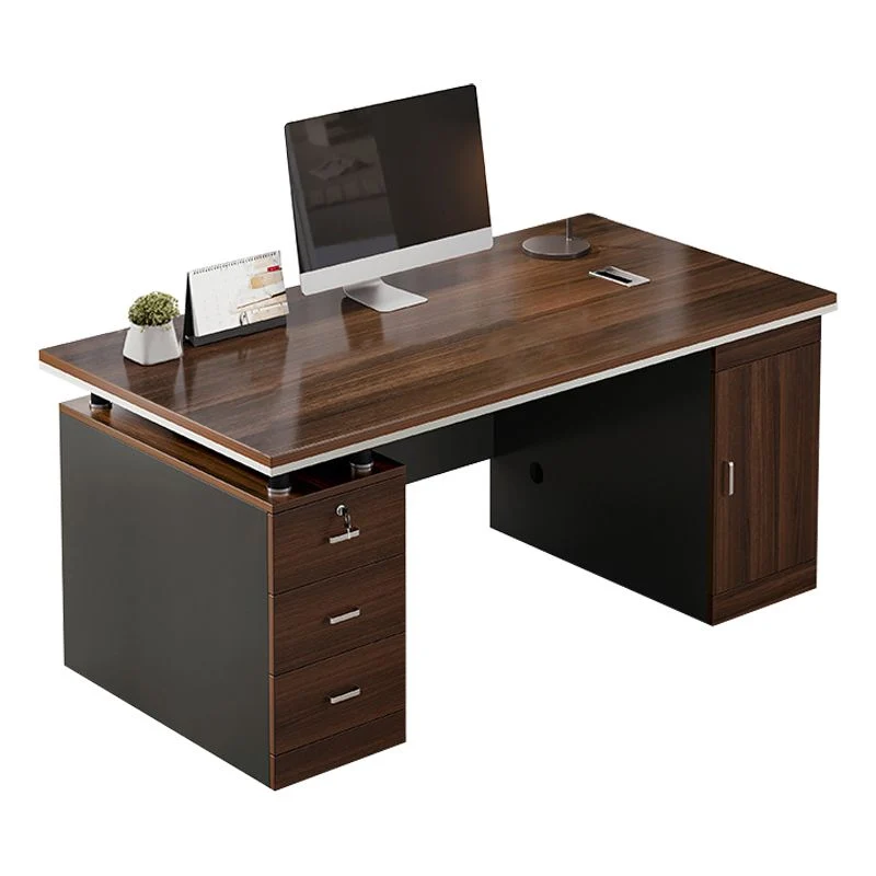 Bureau d'ordinateur rectangulaire en bois moderne avec gestion des câbles, avec tiroirs Clearhalo