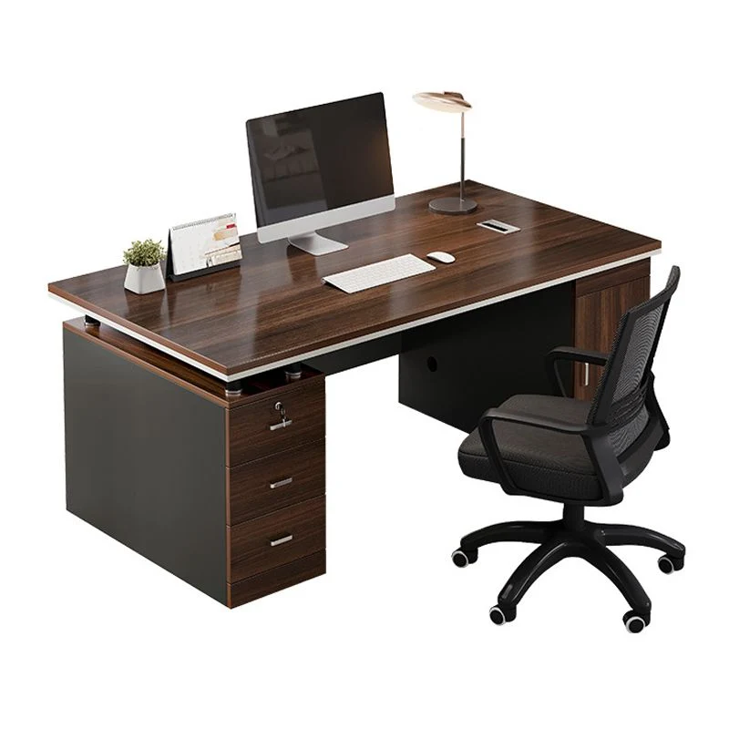 Bureau d'ordinateur rectangulaire en bois moderne avec gestion des câbles, avec tiroirs Clearhalo