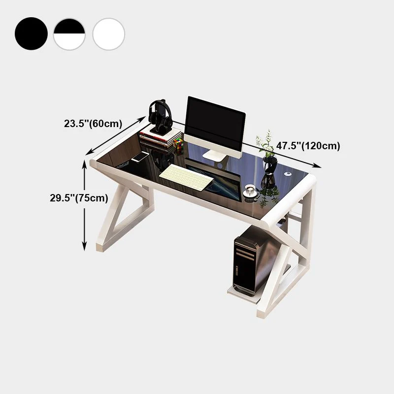 Bureau d'ordinateur rectangulaire contemporain, bureau à base de tréteau en verre trempé Clearhalo