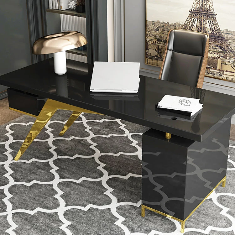 Bureau d'ordinateur rectangulaire moderne avec plateau en verre pour la maison Clearhalo