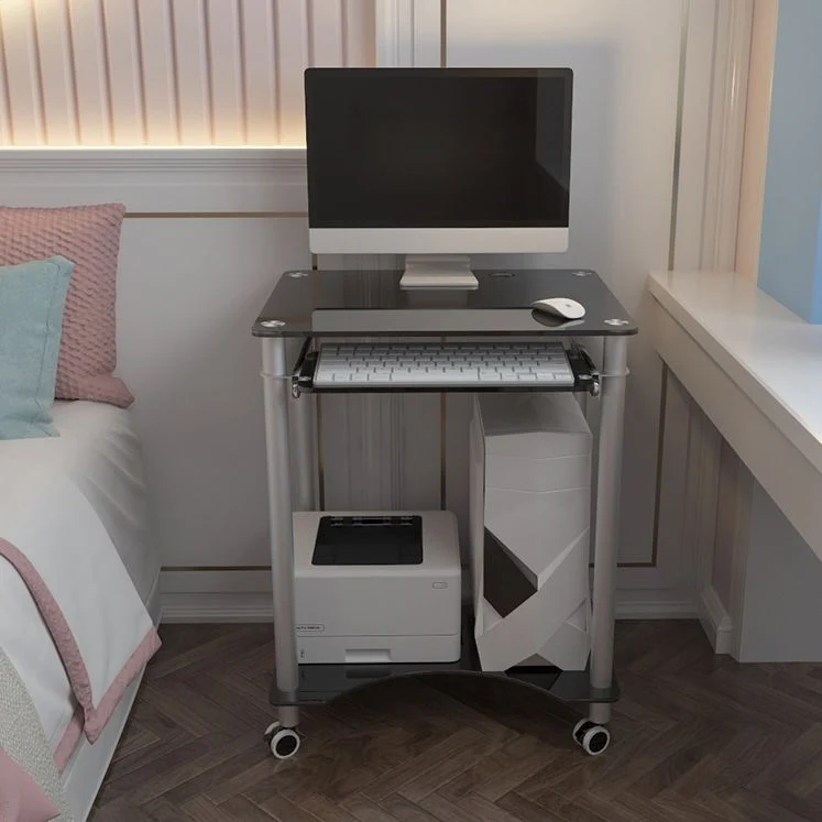 Bureau d'ordinateur rectangulaire en verre trempé avec roulettes et plateau pour clavier Clearhalo