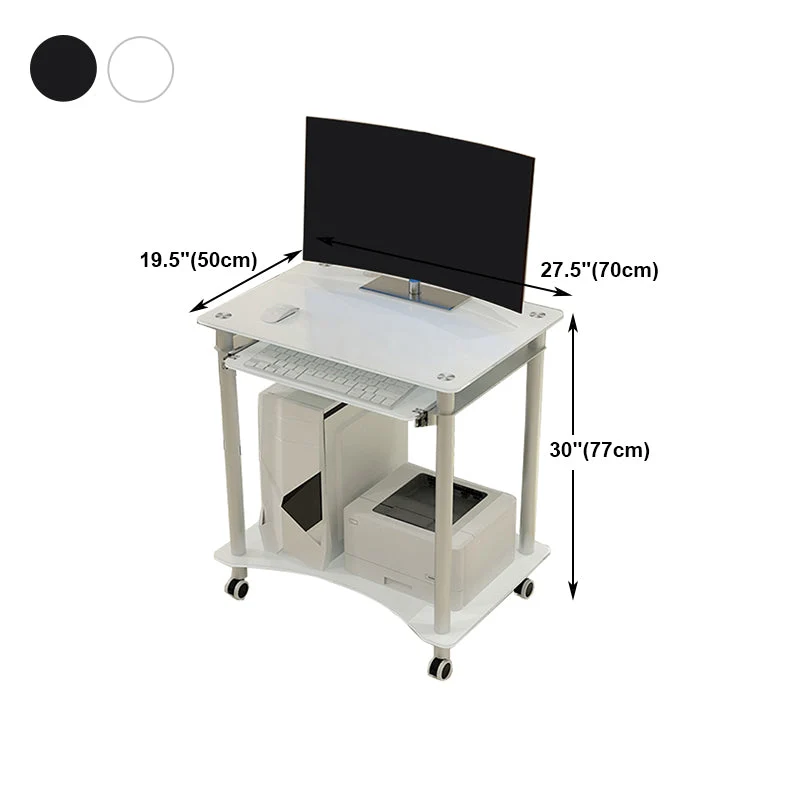 Bureau d'ordinateur rectangulaire en verre trempé avec roulettes et plateau pour clavier Clearhalo