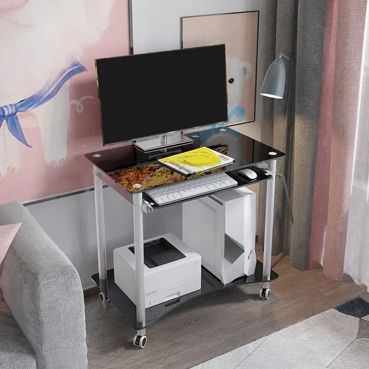 Bureau d'ordinateur rectangulaire en verre trempé avec roulettes et plateau pour clavier Clearhalo