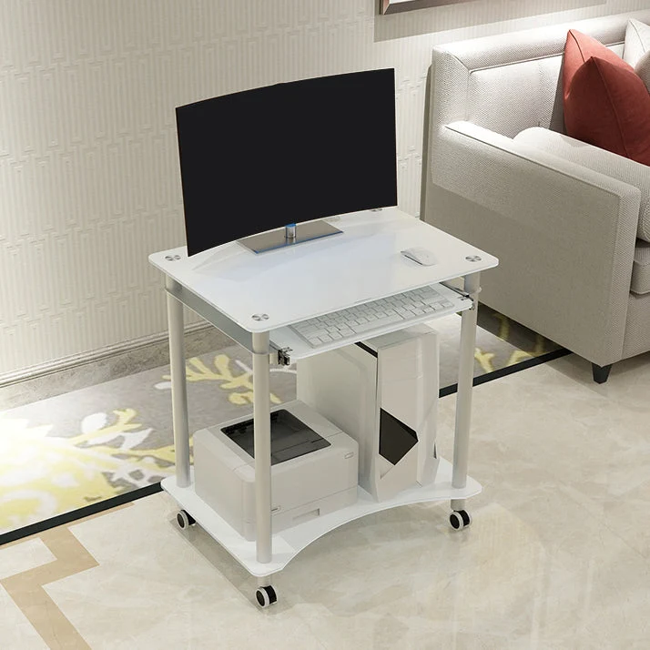 Bureau d'ordinateur rectangulaire en verre trempé avec roulettes et plateau pour clavier Clearhalo