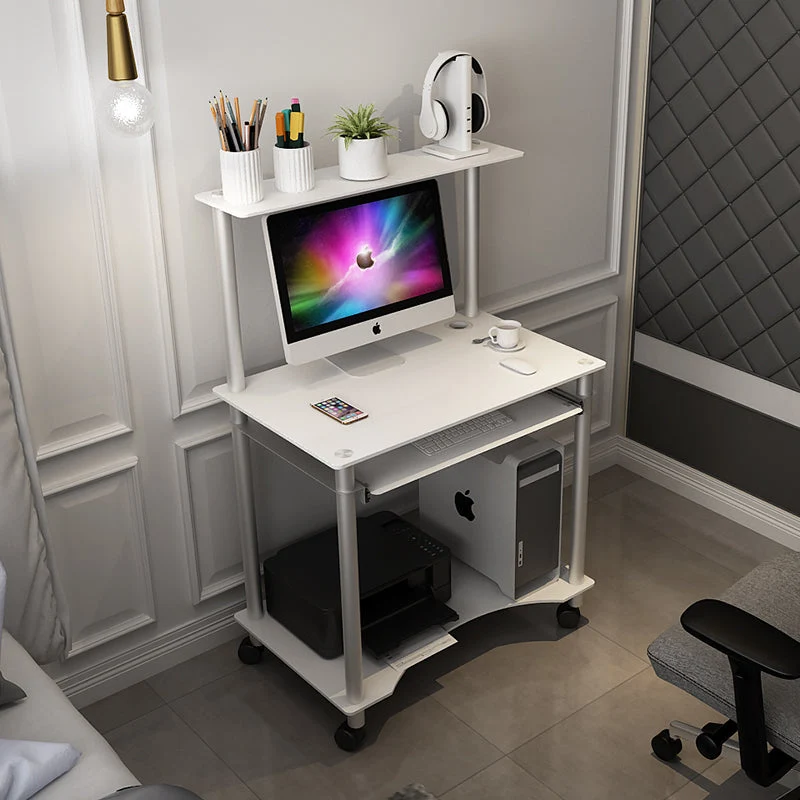 Bureau d'ordinateur rectangulaire en verre trempé avec roulettes et plateau pour clavier Clearhalo