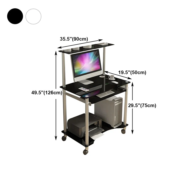 Bureau d'ordinateur rectangulaire en verre trempé avec roulettes et plateau pour clavier Clearhalo