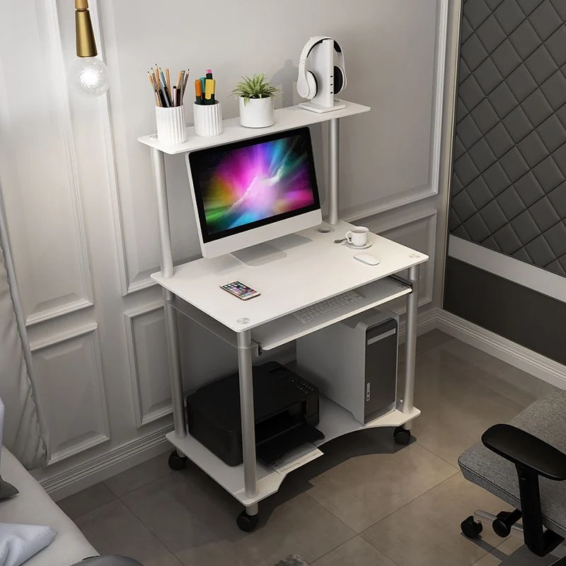 Bureau d'ordinateur rectangulaire en verre trempé avec roulettes et plateau pour clavier Clearhalo