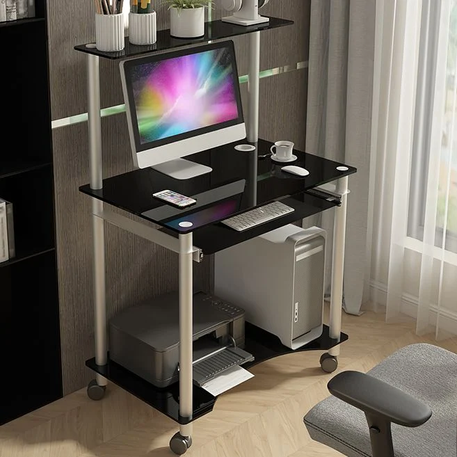 Bureau d'ordinateur rectangulaire en verre trempé avec roulettes et plateau pour clavier Clearhalo