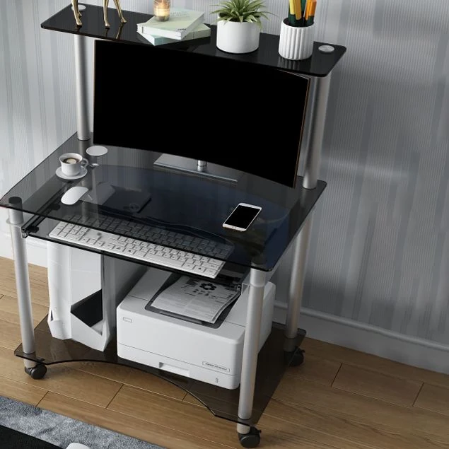 Bureau d'ordinateur rectangulaire en verre trempé avec roulettes et plateau pour clavier Clearhalo