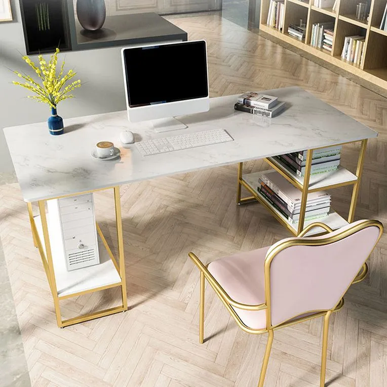 Bureau d'ordinateur de style Glam Bureau rectangulaire en marbre avec étagère de rangement Clearhalo