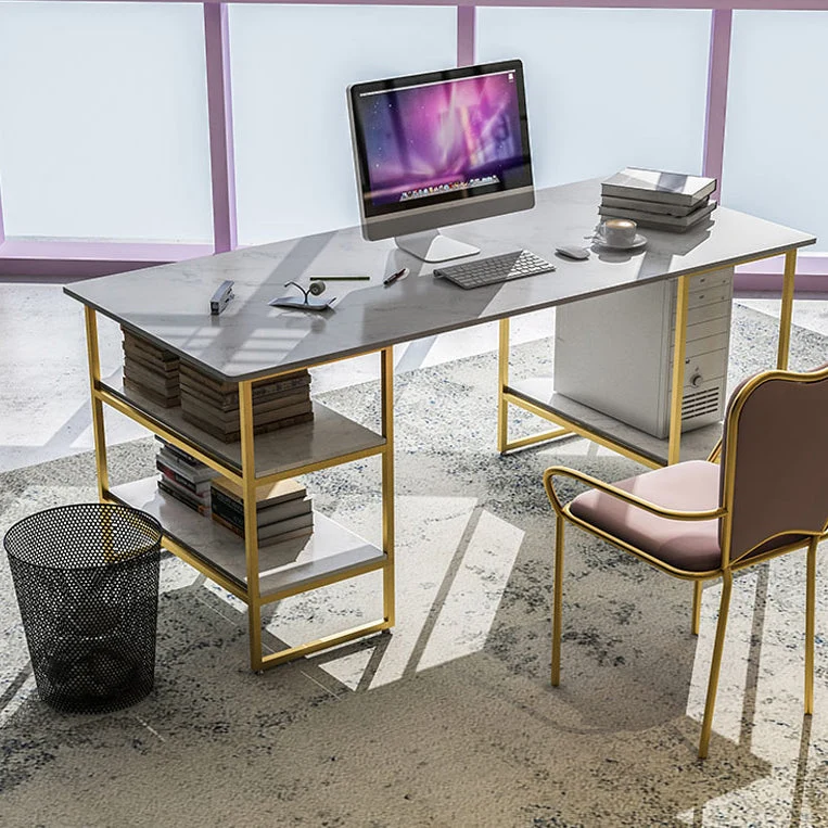 Bureau d'ordinateur de style Glam Bureau rectangulaire en marbre avec étagère de rangement Clearhalo