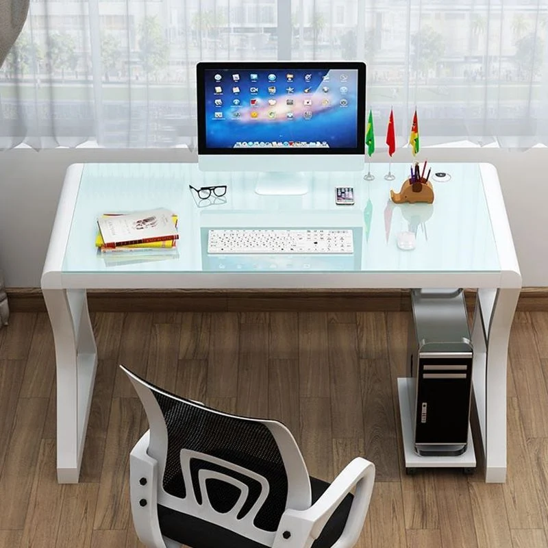 Bureau d'ordinateur en verre trempé, bureau de travail de forme rectangulaire avec 2 pieds pour la maison Clearhalo