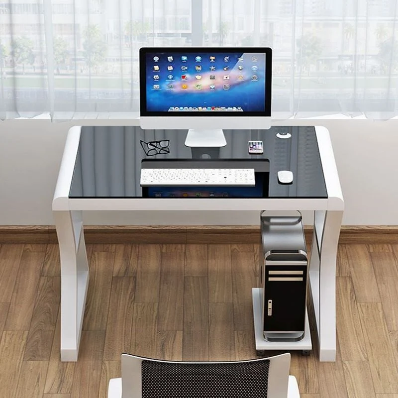 Bureau d'ordinateur en verre trempé, bureau de travail de forme rectangulaire avec 2 pieds pour la maison Clearhalo