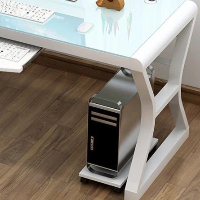 Bureau d'ordinateur en verre trempé, bureau de travail de forme rectangulaire avec 2 pieds pour la maison Clearhalo