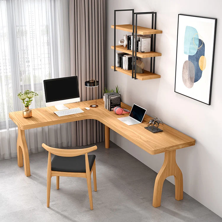 Bureau en forme de L en bois massif Bureau d'écriture moderne et contemporain pour la maison naturelle Clearhalo